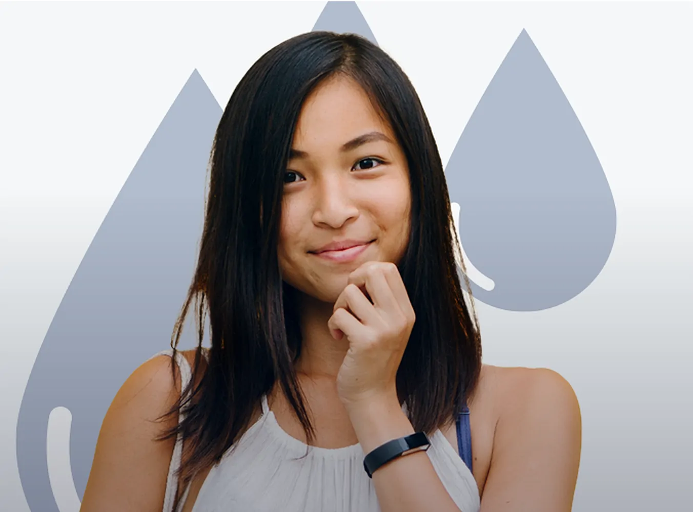 A smiling woman with long dark hair rests her chin on her hand beside the brand's blue droplet shapes