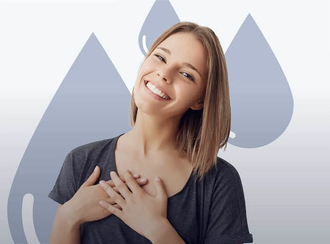 A smiling woman holds both hands to her chest beside the brand's blue droplet shapes