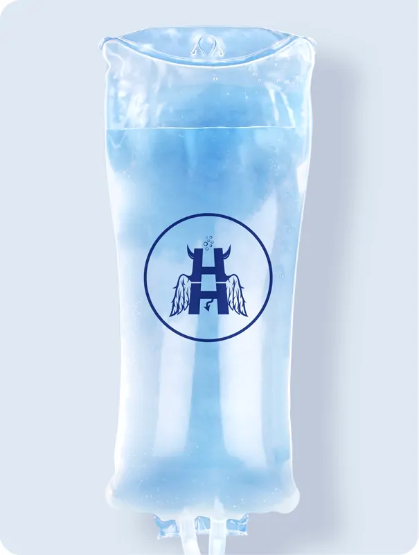 A Hangover Heaven IV bag printed with the clinic's winged H mark